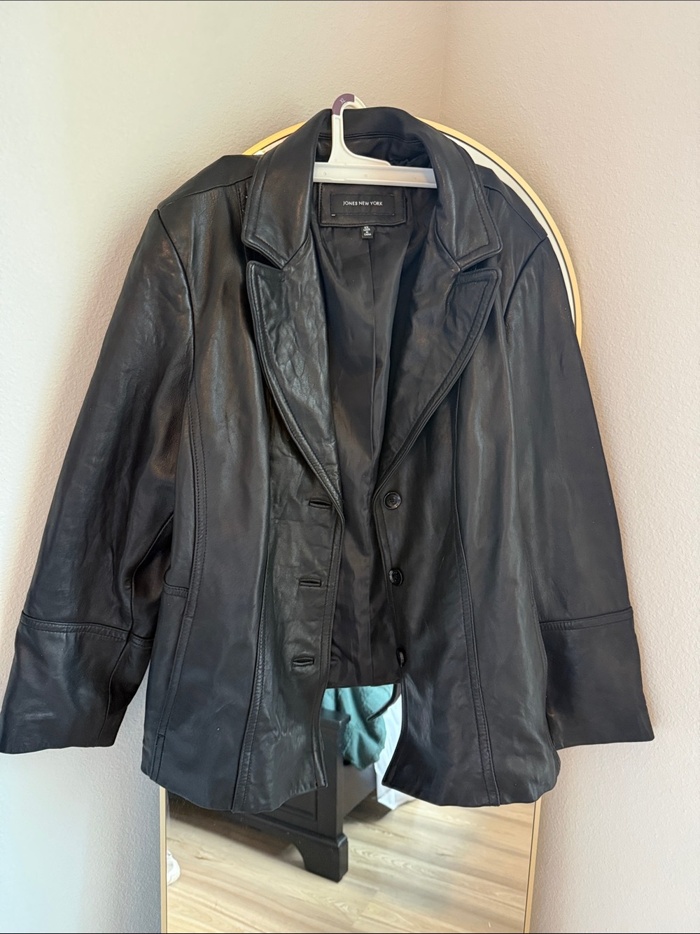 Jones New York Black Leather Jacket with Notched Lapel